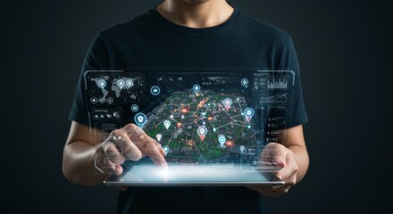 Person interacting with a holographic city map on a tablet