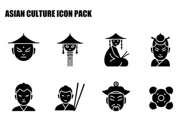 Fototapeta premium Asian culture icon pack showcasing various figures in traditional clothing/attire. Silhouettes of diverse individuals in seated, standing, and head-on poses against a plain white background.