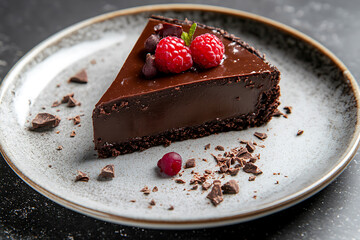Decadent Chocolate Tart Slice with Fresh Raspberries on Decorative Plate