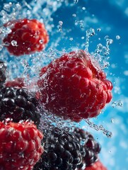 Raspberries and Blackberries Splashing in Water