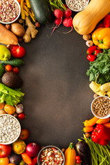 A frame of ripe fresh organic seasonal vegetables from an autumn farm harvest, organic seasonal vegetables