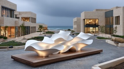 Modern abstract sculpture of white fabric stands illuminated on terrace with luxurious architecture, creating a stunning artistic effect