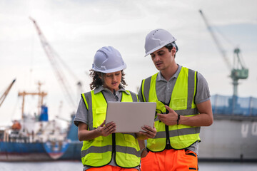 Two engineers wearing safety vests and helmets inspect port operations near the waterfront. They...