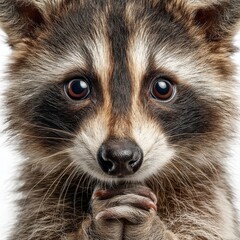 Obraz premium Adorable Baby Raccoon Close-Up Portrait with Clasped Paws, High-Resolution Wildlife Photo