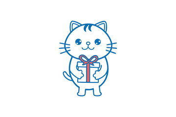 Cartoon cat with present offers warm wishes in a charming outline drawing
