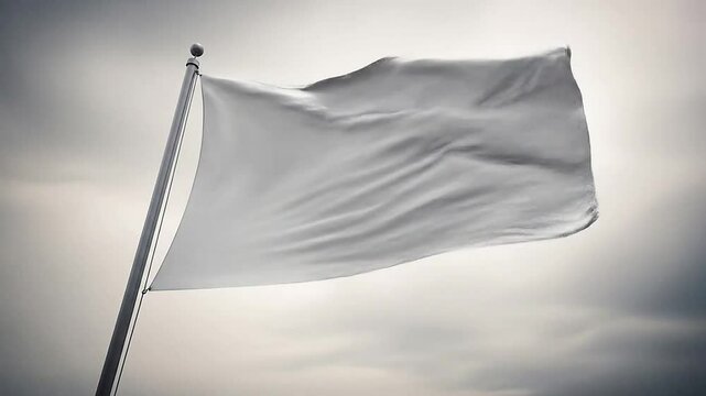 A plain white flag waving on a flagpole against a cloudy gray sky