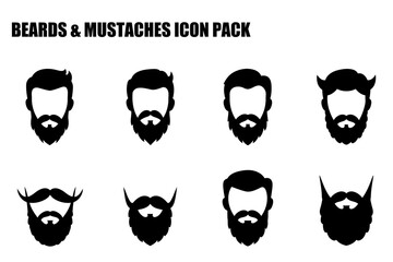 Male beard and mustache styles, diverse shapes and types in a graphic design. Silhouette illustration set against a plain background.
