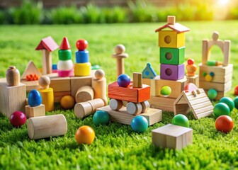 Obraz premium Colorful wooden toys arranged in a playful composition on a green grassy lawn
