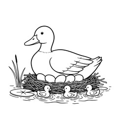 Duck sitting on nest with ducklings in the water silhouette