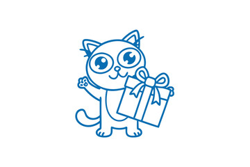 Cartoon blue kitten excitedly presents a neatly wrapped gift with a decorative ribbon