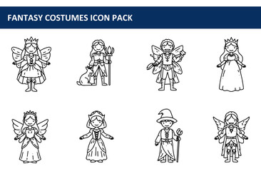 Fantasy costumes for children in various roles, including princess, fairy, knight, and witch, are illustrated in a simplistic, line art style.