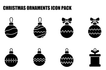 Christmas ornament icons with various decorative patterns. Black and white silhouette of hanging ornaments with bows and gift box, in a simple design.