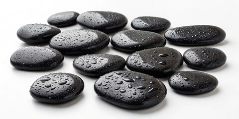 Black spa stones with water droplets isolated on white background