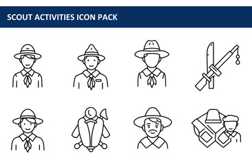 Scout Activities Icon Pack featuring diverse youth in outdoor settings. Smiling scout leaders and members in scout uniforms with various outdoor activities.