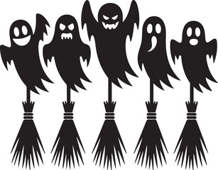 Halloween brooms icon set with pumpkins ghosts bats and other spooky symbols