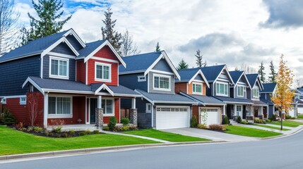 A row of identical houses with red and blue exteriors, white trim, and green lawns in a suburban neighborhood.