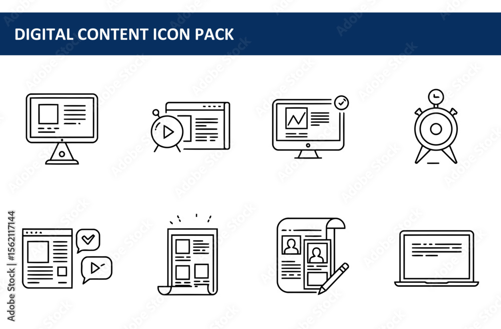 Poster digital content icons depicting various elements of content creation and management. simple line dra