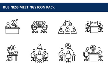 Business meeting icon pack depicting various office settings and employee interactions.