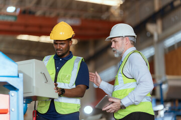 Workers discuss project details in industrial facility during daylight hours with safety gear on