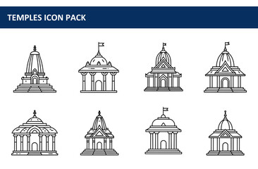 Hindu temple icons in various architectural styles. Collection of line art temple designs with architectural details.