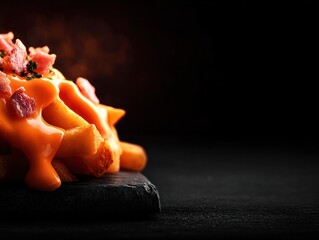 Sizzling cheese fries gourmet eatery food photography dark atmosphere close-up shot culinary delight
