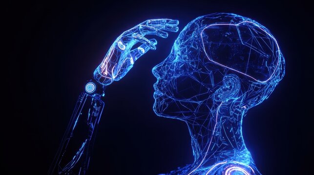 The futuristic robotic figure contemplating its existence in the digital realm. - Powered by Adobe