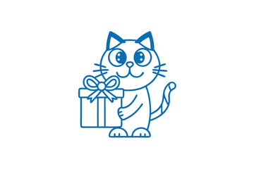 Obraz premium Cartoon cat in blue outline is holding a gift box with a bow