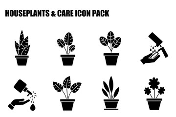 Houseplant care icons depicting various houseplants in pots, watering, and plant care actions.