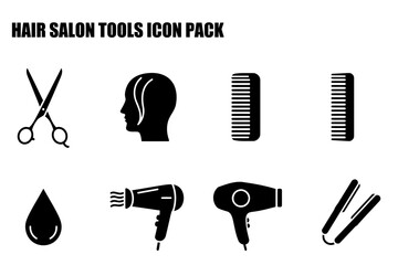 Hair salon tools icon pack. simple black and white illustrations of hairdressing tools in a professional salon setting.