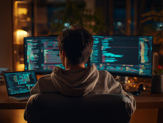 Software Engineer coding at Home with Multiple Monitors. Remote Work Concept