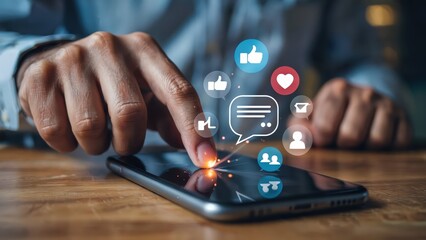 Person interacts with social media icons using a modern smartphone