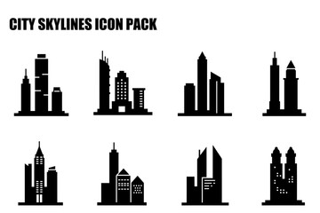 Obraz premium City skyline icons of various architectural styles in a graphic design format. Simple silhouettes of skyscrapers and buildings in different arrangements with a neutral background.