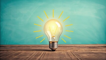 Brilliant Ideas Glowing Light Bulb on Wooden Table