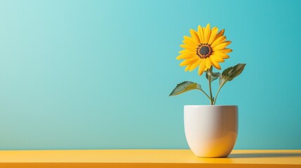 A yellow sunflower in a white pot on a yellow table against a blue background.