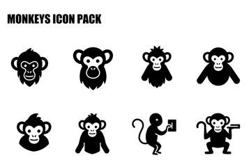 Obraz premium Simple monkey icon set for design, illustration, or educational purposes. Various monkey poses including headshots and actions, against a plain background, with no context.