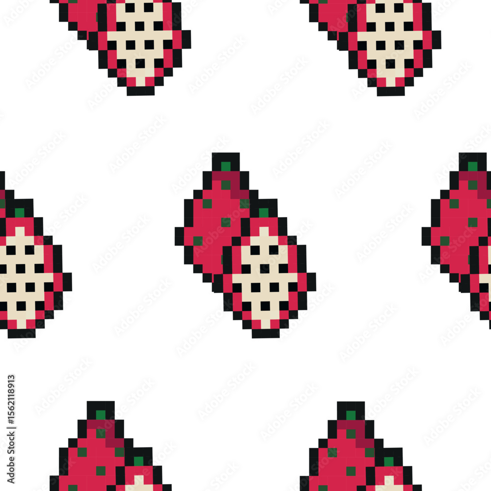Fototapete pattern with exotic fruit in pixel art style, namely dragon fruit icons, retro 8-bit graphics style 