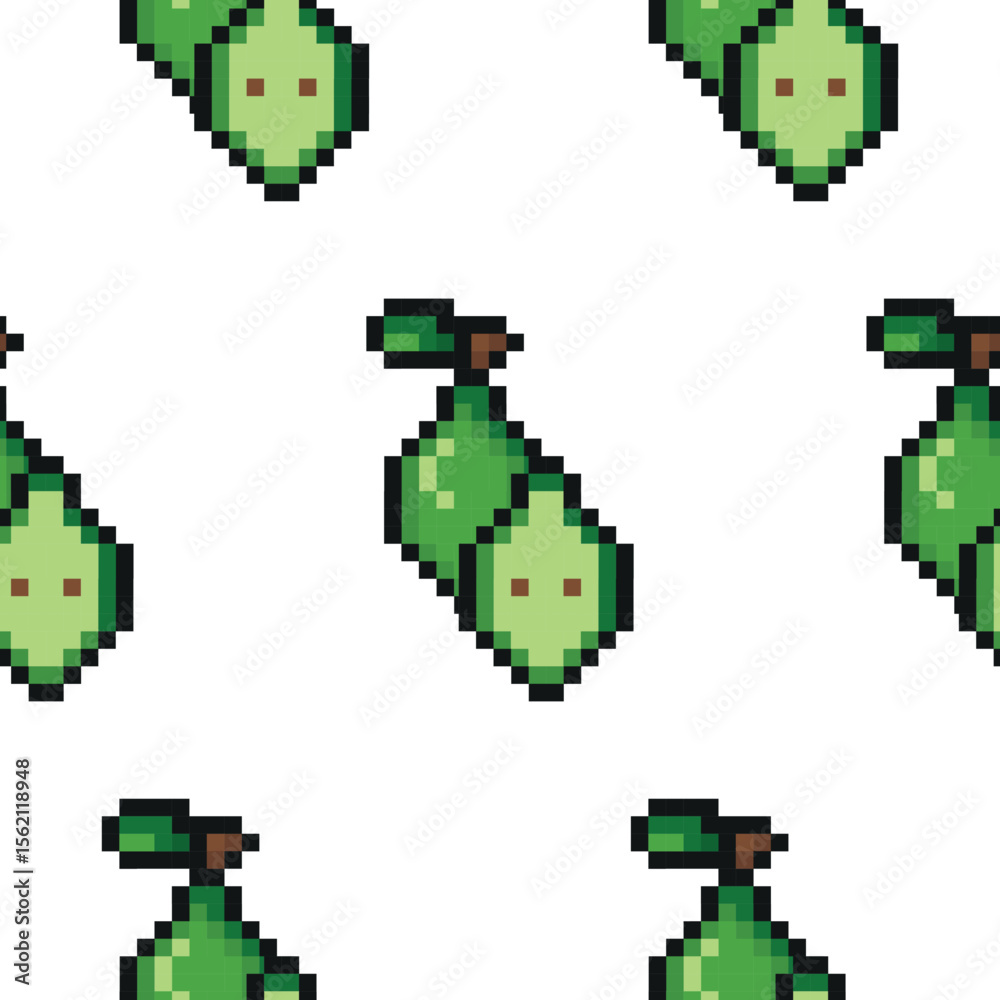 Fototapete pattern with garden fruit in pixel art style, namely a green pear icon, retro 8-bit graphics style w