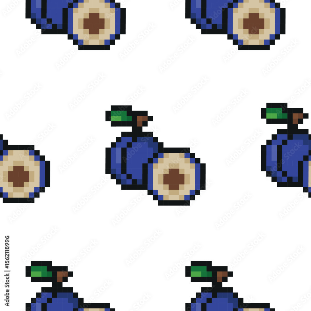 Fototapete pixel art style garden fruit pattern, namely plum icons, retro 8-bit graphics style with visible squ
