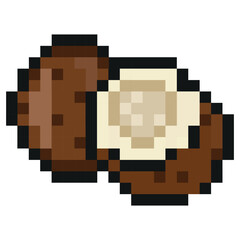icon of an exotic fruit in pixel art style, namely coconut icons, retro style of 8-bit graphics with visible square pixels and minimal color palette