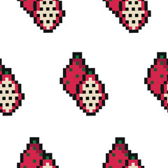 pattern with exotic fruit in pixel art style, namely dragon fruit icons, retro 8-bit graphics style with visible square pixels and minimal color palette