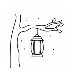 Outline a lantern hanging from a tree branch with leaves small shapes vector