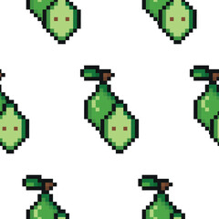 pattern with garden fruit in pixel art style, namely a green pear icon, retro 8-bit graphics style with visible square pixels and a minimal color palette