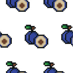 pixel art style garden fruit pattern, namely plum icons, retro 8-bit graphics style with visible square pixels and minimal color palette