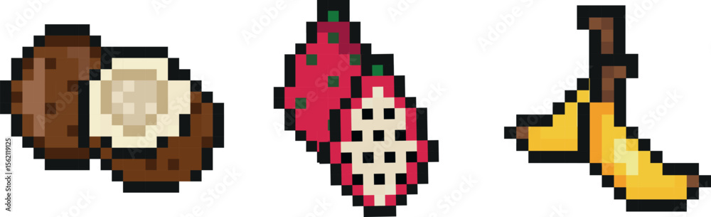 Fototapete set of three exotic fruit icons in pixel art style, namely banana, coconut and dragon fruit icons, retro 8-bit graphics style with visible square pixels and minimal color palette