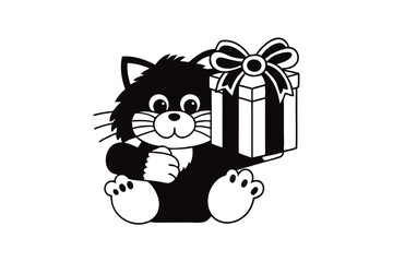 Cute black and white cartoon cat is holding a present with stripes