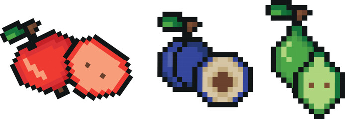 set of garden fruits in pixel art style, namely apple, pear and plum icons, retro 8-bit graphics style with visible square pixels and minimal color palette