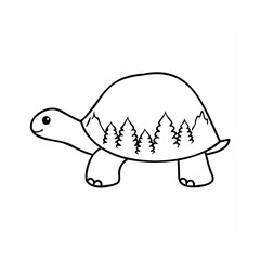 A turtle with trees mountains on its shell against animal wildlife