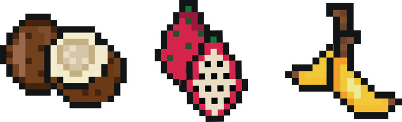 set of three exotic fruit icons in pixel art style, namely banana, coconut and dragon fruit icons, retro 8-bit graphics style with visible square pixels and minimal color palette
