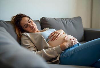Smiling pregnant woman sitting in sofa looking at her stomach
