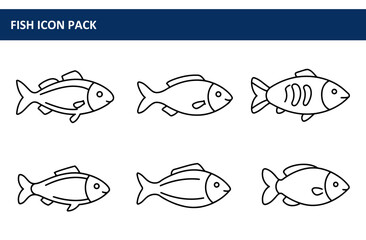 Fish icons in various styles presented in a flat design, suitable for web design. Simple line drawings of fish in profile view.